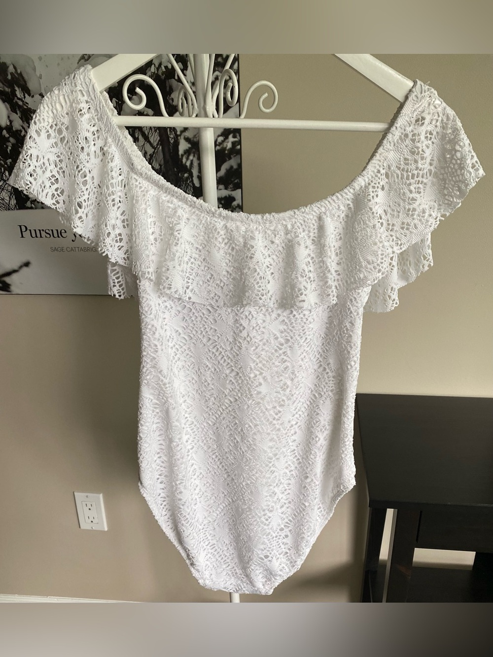 Nwot~ Ralph Lauren White Crochet One-Piece Swimsuit with Ruffle Detail